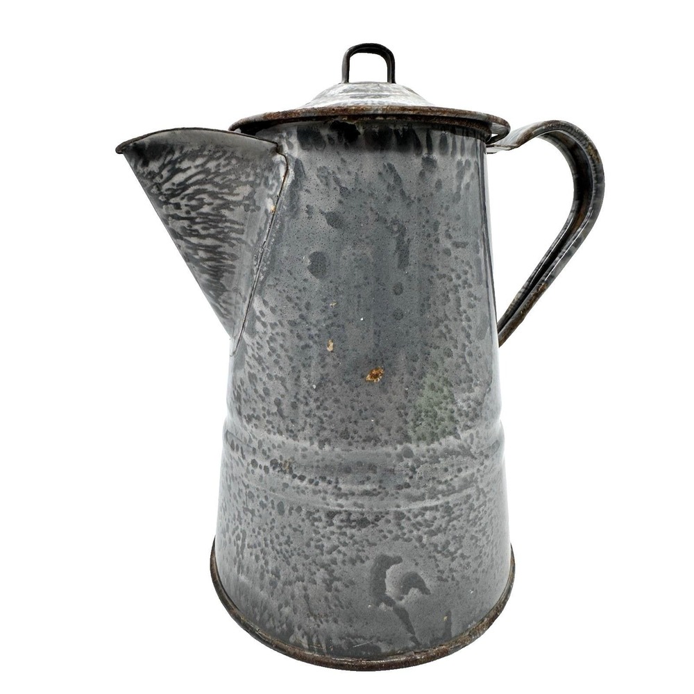 Vtg Granitewear Enamelwear Coffee Pot w/ Lid Gray Swirl Metal Rustic Farmhouse